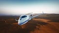 Realistic Photo White Luxury Generic Design Private Airplane Jet Flying Over the Mountains.Empty Blue Sky with Sun at