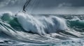 A stormy sea with a sailboat sinking in the waves.