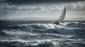A stormy sea with a sailboat sinking in the waves.