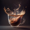 a realistic photographic close up of a floating transparent cup of coffee with liquid splashing in zero gravity with light rays