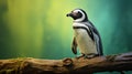 Realistic Photographic Portrait Of Penguin On Wood Branch