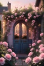 A realistic photography, a clump of soft pink roses outside the house, beautiful, aesthetic, lush flowers outdoor, fantastic