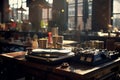 Realistic photography of vintage vinyl bar in industrial loft with turntable and musical artifacts