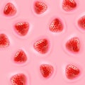 Realistic pieces of strawberries float in the liquid. Yoghurt, smoothies, jam, drink, compote. Design elements for