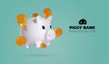 Realistic Piggy bank with money creative business concept. White pig keeps gold coins. Keep and accumulate cash savings. Financial Royalty Free Stock Photo