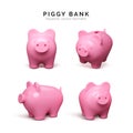 Realistic piggy bank set. Pink pig isolated on white background. Piggy bank concept of money deposit and investment Royalty Free Stock Photo