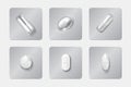 Realistic pill blisters set. Medicine capsule and pills in blister pack. 3D drugs and vitamins isolated vector mockup