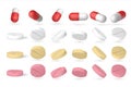 Realistic pill. 3D isometric flying drugs isolated on white, closeup of medical supplements. Vector medicament set