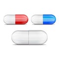 Realistic pills collection. Vector set of red, blue, white capsule shaped tablets. Medicine and drugs