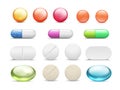 Realistic pills. Medicine tablets round vitamins and capsule drugs, different healthcare pharmacy. Vector cure medicines