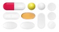 Realistic pills set. Isolated pharmaceutical drugs. Vector medications mockup.
