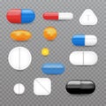 Realistic pills, vitamins, capsule, pharmaceutical drugs set.