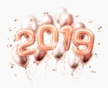 Realistic 2019 pink air balloons confetti new year