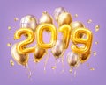 Realistic 2019 pink air balloons confetti new year