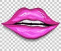 Realistic, pink lips isolated on a transparent background. a woman`s kiss, hand-drawn, in the style of doodles. lipstick gloss,