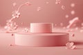 Realistic pink pedestal with sakura flowers for product demonstration. Generative AI