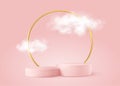 Realistic Pink product podium with golden round arch and clouds. Product podium scene design to showcase your product