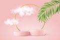 Realistic Pink product podium with golden round arch, plm leaf and clouds. Product podium scene design to showcase your