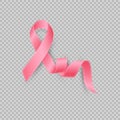 Realistic pink ribbon isolated on transparent background. Breast cancer awareness month symbol, vector illustration Royalty Free Stock Photo