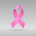 Realistic Pink Ribbon on light gray background. Breast cancer awareness symbol in october. Template for banner