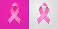 Realistic Pink Ribbon on light pink and gray background. Breast cancer awareness symbol in october. Template for banner