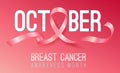 Realistic pink ribbon, october breast cancer awareness month