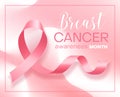 Realistic pink ribbon over white and pink background. Symbol of world breast cancer awareness month in october Royalty Free Stock Photo