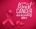 Realistic pink ribbon. Symbol of world breast canser awareness month in october. Vector illustration. Royalty Free Stock Photo