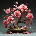Realistic Pink Rose Bonsai Tree With Surrealistic Elements