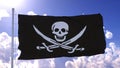 Realistic Pirate flag waving in wind against blue sky. 3d rendering