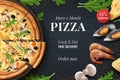 Realistic pizza background. Menu poster with traditional Italian food with toppings for restaurant banner or advertising
