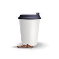 Realistic, plain and blank paper cup mockup with coffee beans.