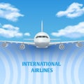 Realistic plane, aircraft, airplane in sky with white clouds vector travel background, promo poster Royalty Free Stock Photo