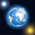 Realistic planet Earth, moon, sun and stars. Royalty Free Stock Photo