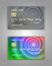 Realistic plastic Bank card vector template. Figure spiral gradient. Background color Grey, multicolor, rainbow