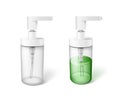 Realistic plastic bottle with dispenser pump, full and empty container with green liquid soap Royalty Free Stock Photo