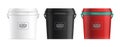 Realistic plastic buckets set in white black and red colors isolated vector