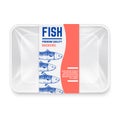 Realistic plastic container with hand drawn mackerel fish label vector design Royalty Free Stock Photo