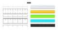 Realistic plastic rulers with black inch scale for measuring length or height. Various measurement scales with divisions