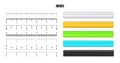 Realistic plastic rulers with black inch scale for measuring length or height. Various measurement scales with divisions