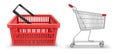 Realistic plastic shopping basket and trolley cart for product carrying in shop, store, supermarket Royalty Free Stock Photo