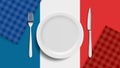 Realistic plate. French cuisine banner, blank white dish fork and knife. Flag of France, restaurant or cafe vector