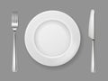 Realistic plate knife fork. Silver cutlery white food empty plate metal fork and knife on dinner table top view isolated Royalty Free Stock Photo