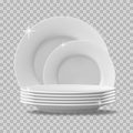 Realistic plates stack. Clean dishes, stacked kitchen tableware, dishwasher washed food plates. Stack of clean tableware