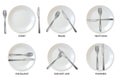 Realistic plates tableware restaurant etiquette. a set of realistic plates and cutlery in the form of etiquette signs