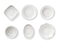 Realistic plates top view. Serving ceramic dinner dishes. Empty round or oval saucers. Isolated bowls and skeet mockup Royalty Free Stock Photo