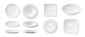 Realistic plates. White empty 3D dishes and bowls mockup, kitchen dining ceramic tableware. Vector blank crockery set