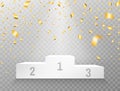Realistic podium with gold confetti. Award ceremony on transparent background. White pedestal with falling confetti