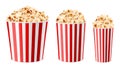 Realistic popcorn buckets. 3d multiple sizes paper cups, snacks for cinema and circus. Large, medium and small