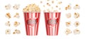 Realistic popcorn. Cinema snack, red stripes bowl for popcorns. Isolated giant paper cup with fast food vector